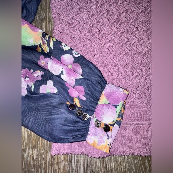 NWT Current Air Purple Mauve Textured Sweater W/ Floral Blouse Sleeves - Picture 2 of 6